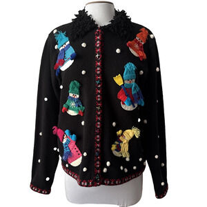 Karen Scott Women L Christmas Cardigan Sweater Playful Snowmen 3D Holiday Fringe